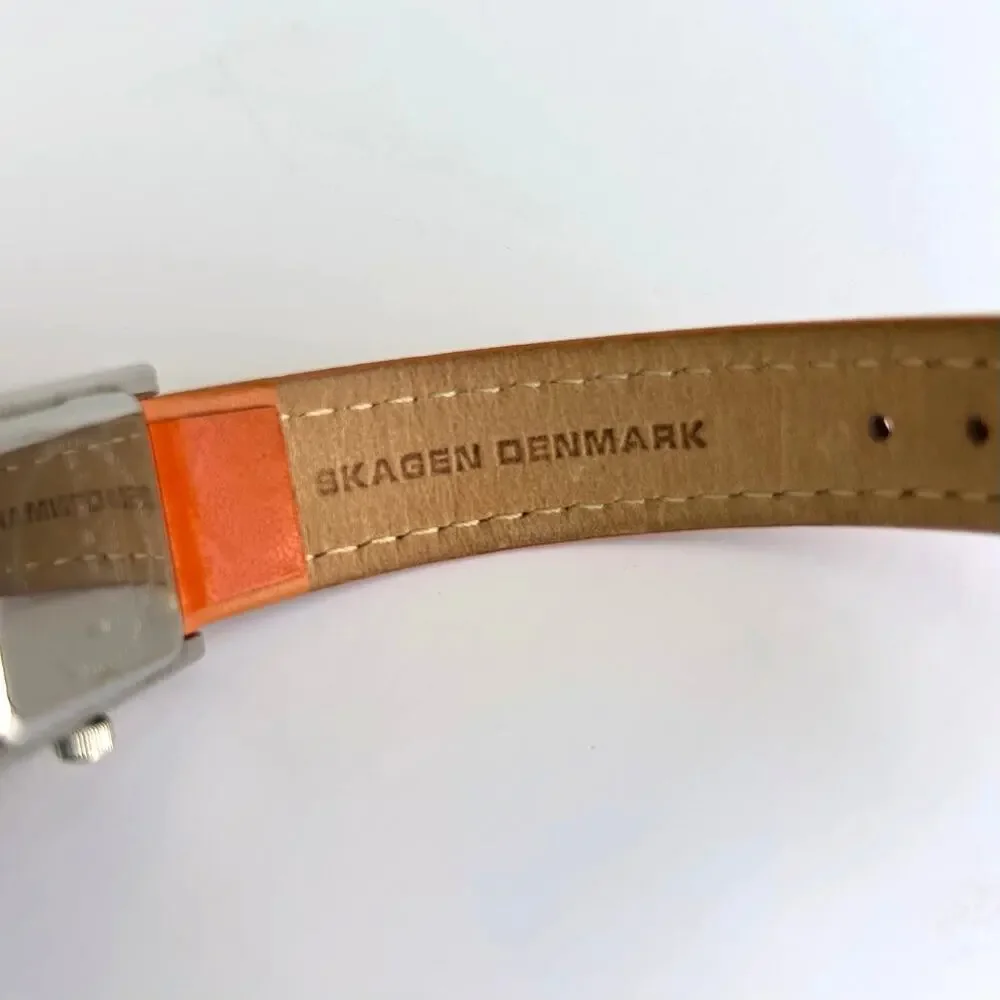 Skagen Denmark Square Watch Mother of Pearl Orange Leather Strap 2000s Vintage - Picture 12 of 14